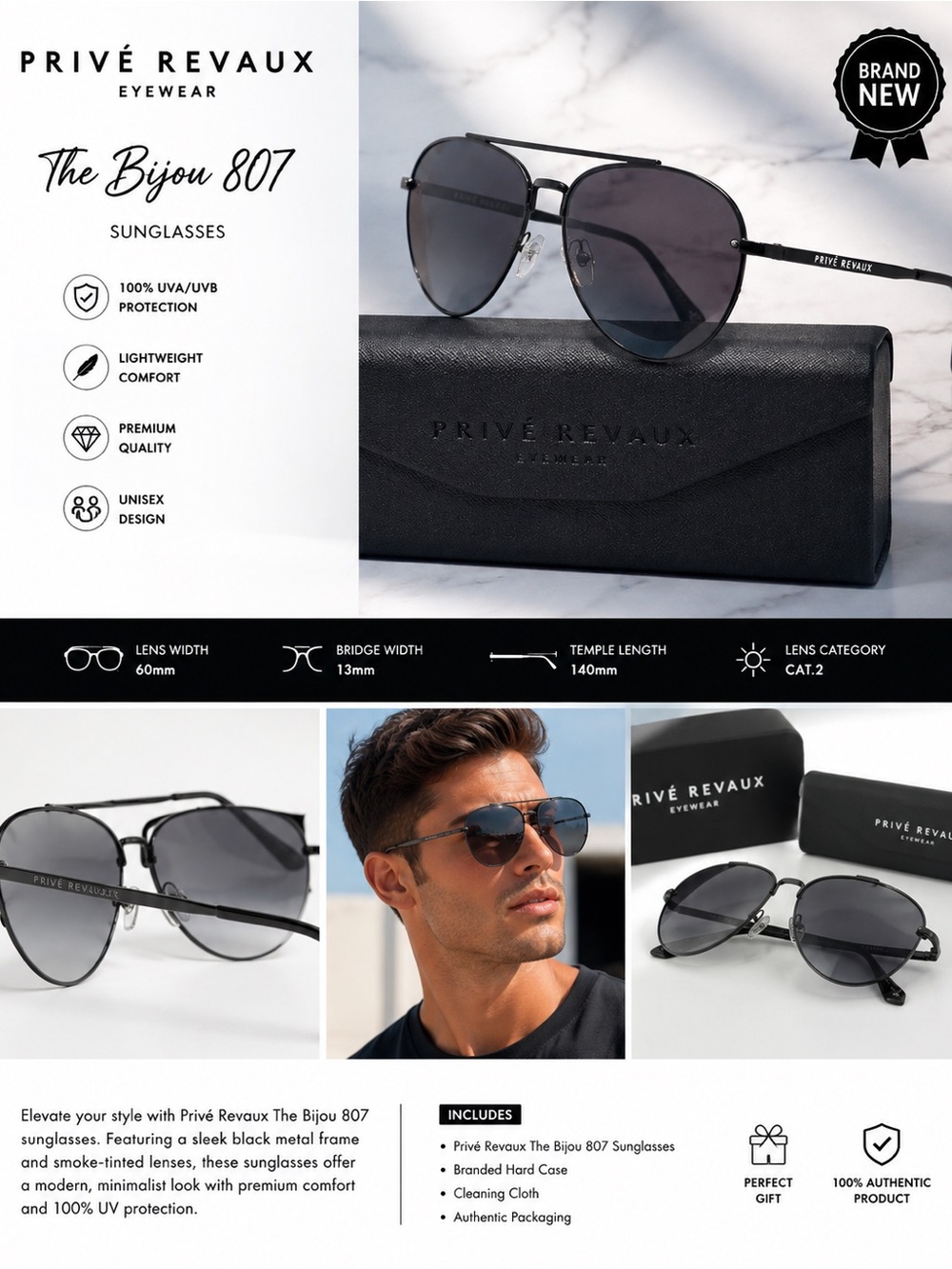 Privé Revaux The Bijou 807 Black Aviator Sunglasses